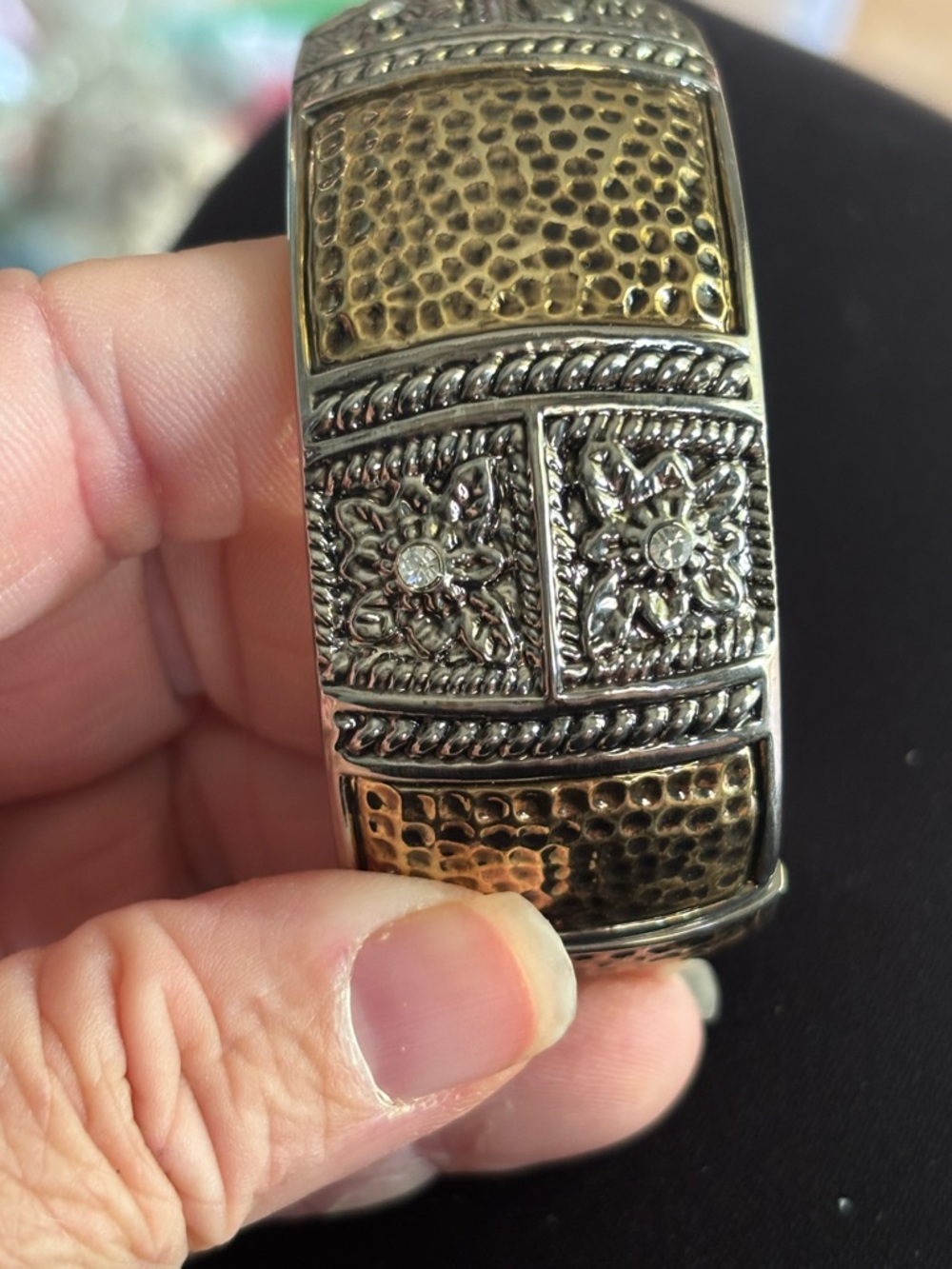 Two-Tone Hammered Floral Cuff Bracelet